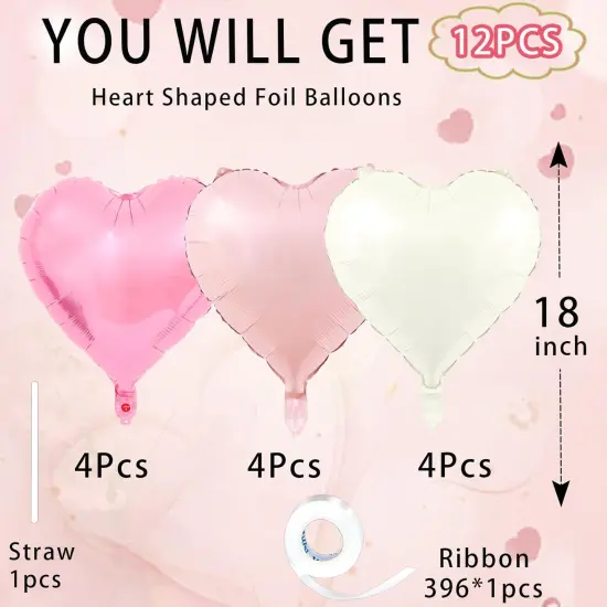 18inch Bright Pink Heart Shaped Foil Balloons & Pastel White Helium Mylar Balloon {3}