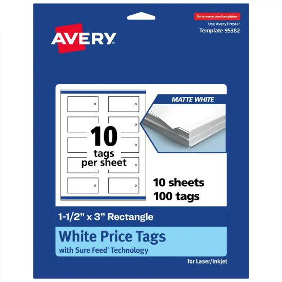 Avery Printable Rectangle Price Tags, Sure Feed Technology, 1-1/2" x 3", Matte White Cardstock, Print-to-The-Edge, Laser/Inkjet Printable, 100 Total {7}
