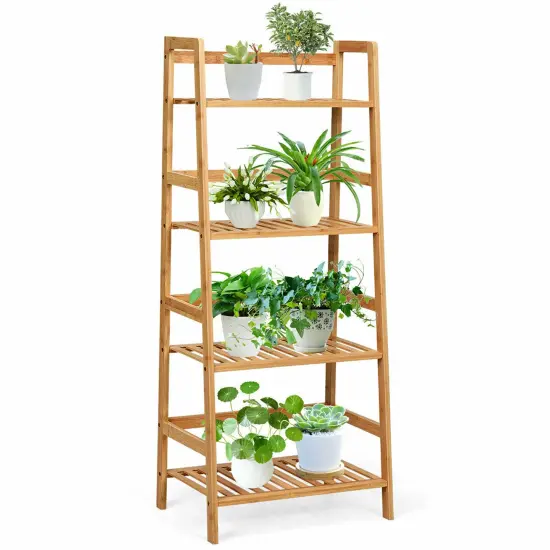 Costway 4-Tier Bamboo Ladder Shelf Multipurpose Plant Display Stand Storage Bookshelf {1}