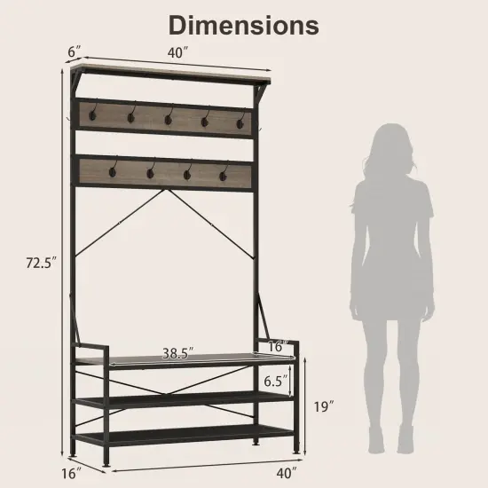 Costway Coat Rack 4-In-1 Hall Tree with 11 Hanging Hooks, Shoe Bench, 2-Tier Shoe Rack Gray/Brown {3}