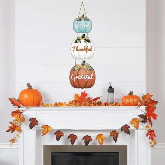 Pumpkin Wall Decor with Raffia Bow Blessed Grateful Thankful Sign {3}