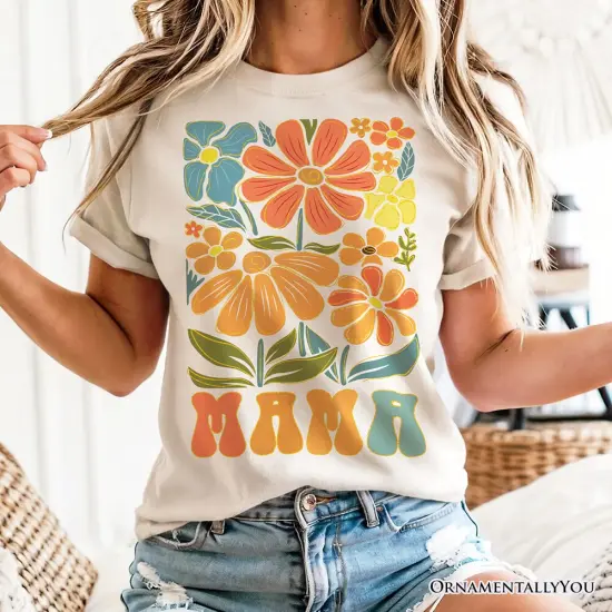 Boho Floral Mama T-Shirt, Natural and White Tee Large Flowers for Modern Moms {5}