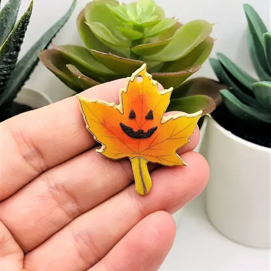 Maple Leaf Pendant with Jack o' Lantern Face, 36x35mm {3}