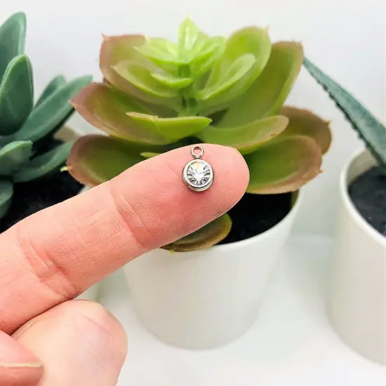 201 Stainless Steel, Clear Diamond April Birthstone Rhinestone Charms, 8x6mm {2}