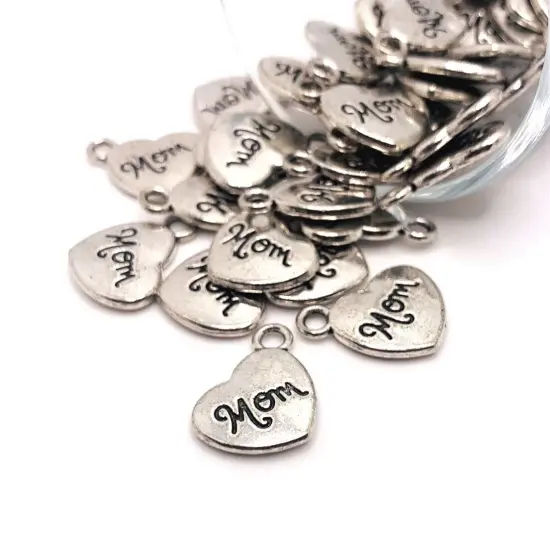 Antique Silver Mom Heart Charms, 15x17mm {1}