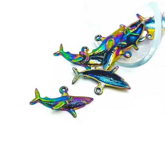 Rainbow Titanium Oil Slick Shark Charms, 19x32mm {1}