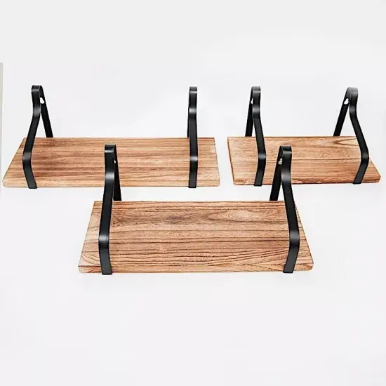 3 Natural Rectangular Wood FLOATING SHELVES Metal Brackets Room Home Decorations {1}