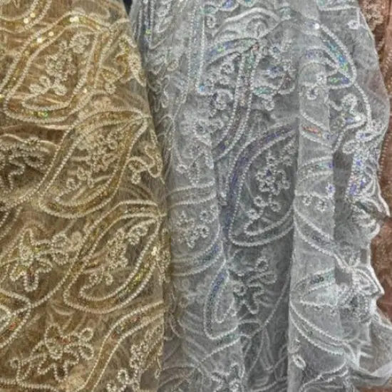 1 Yard Mango Shape Lace Fabric Double Sided Border 54" Width Silver {2}