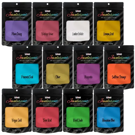 Jewelescent Mica Pearl Pigment Powder Kit, 12 Deluxe Colors, 3.5 oz (100g) Pouches - Cosmetic Grade, Epoxy Resin Color Pigment, Mica Powder for Resin, Soap, Slime, Candle Dye, Art {1}