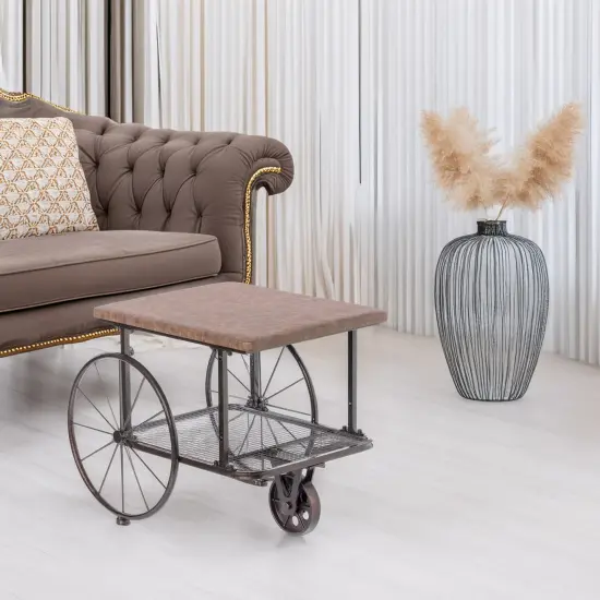 Vintiquewise Industrial Wagon Style Coffee Table with Rustic Wood Top Large Spoke Rolling Wheels Mesh Shelf Functional End Table and Magazine Holder for Living Room Lounge Office Den or Home Bar {2}