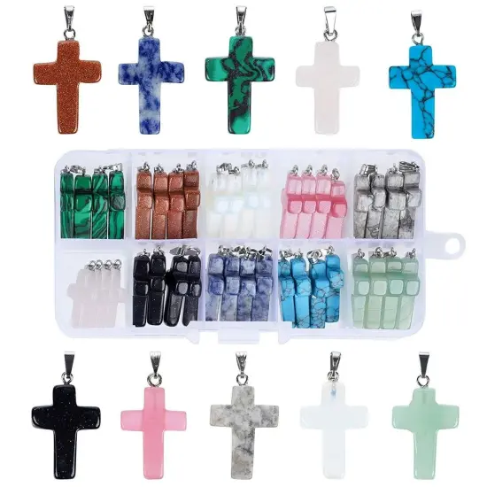 40 Piece Cross Charms for Jewelry Making, Bracelets, with Bail, Storage Case, Natural Gemstone Pendants for Necklaces, DIY Crafts, Keychains (10 Colors) Multicolor {1}