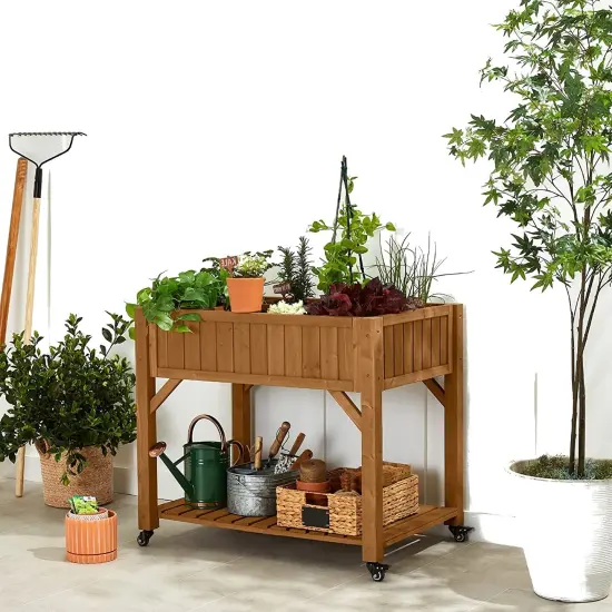 Elevated Fir Wood Planter Box with Adjustable Compartments and Wheels {2}