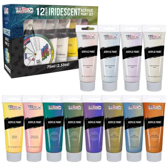 U.S. Art Supply Professional 12 Color Set of Iridescent Acrylic Paint, 75ml Tubes - Luminescent Special Effect Chameleon Color-Shifting Pearl Colors {1}
