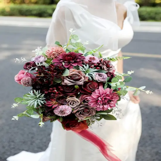 25pcs Silk Fake Flowers Roses for DIY Wedding Bouquets Burgundy Centerpieces {3}