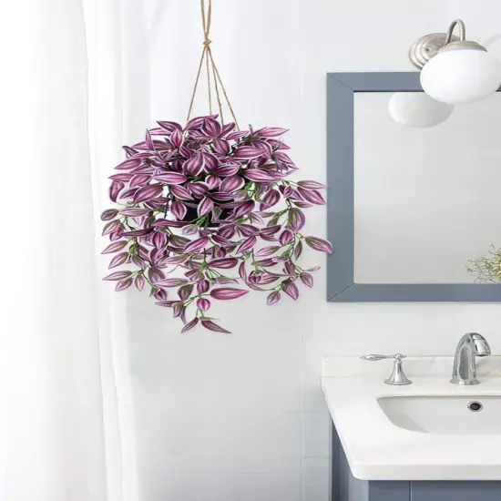 Fake Hanging Plants 17.7" Faux Watermelon Peperomia Silk Plants with Black Pot Artificial Hanging Greenery for Home Garden Balcony Front Porch Outdoor Decor {4}