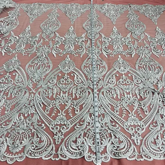 1 Yard Corded Bridal Lace Fabric, Embroidered on 100% Polyester Net Mesh, 52" Width,Elegant Fabrication for Gowns & D&eacute;cor Silver {1}