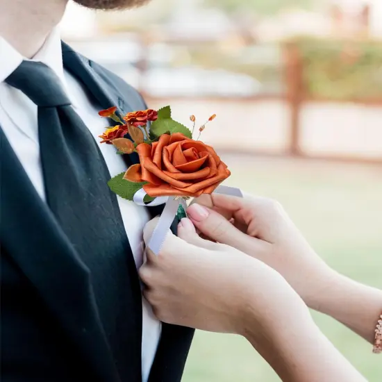 Burnt Orange Boutonniere for Men Wedding Set of 2,Groom and Best Man Boutonniere Aificial Flowers,Fall Vintage {3}