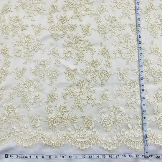 1 Yard Elegant Beaded Lace Fabric Embroidered on 100% Polyester Net Mesh Ivory with Gold 54" Width {4}
