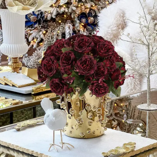 Artificial Peonies Silk Flowers, Burgundy Faux Peony Bouquet 4 Bundles Florals {3}