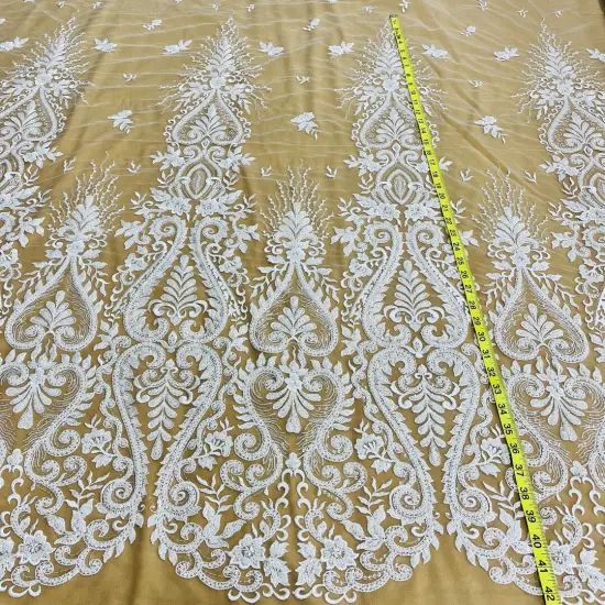 1 Yard Beaded Lace Fabric Embroidered on 100% Polyester Net Mesh - 54" Wide, Elegant Bridal & Dressmaking Fabric White {1}
