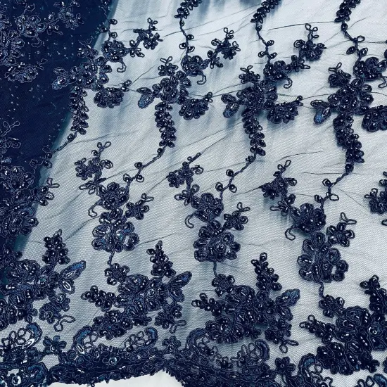 1 Yard Elegant Beaded and Corded Lace Fabric Embroidered on Polyester Net Mesh 54" Width Navy {6}