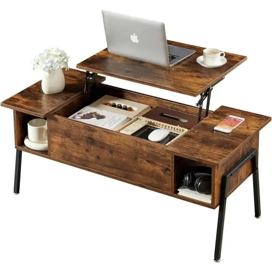 Modern Wood Coffee Table with Lift-Top Adjustable Desk and Storage Shelf for Living Room Black {7}