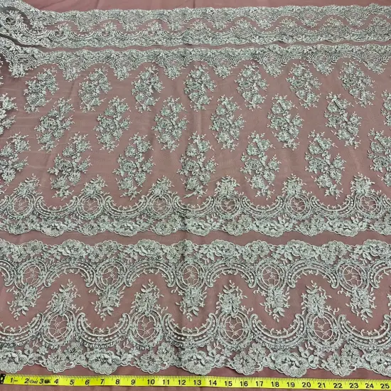 1 Yard White Beaded & Corded Bridal Lace Fabric, 51" Wide Embroidered Polyester Mesh {5}