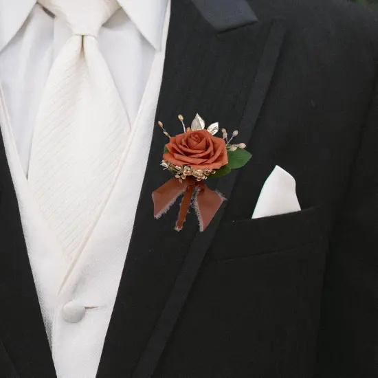 Burnt Orange Handmade Artificial Rose Peony Wrist Corsage {5}