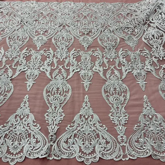 1 Yard Corded Bridal Lace Fabric, Embroidered on 100% Polyester Net Mesh, 52" Width,Elegant Fabrication for Gowns & D&eacute;cor Silver {7}