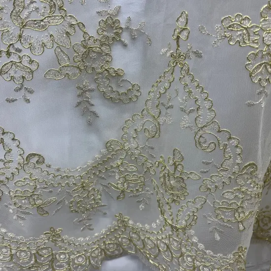 1 Yard Elegant Corded Bridal Lace Fabric Embroidered on 100% Polyester Net Mesh 52" Width Silver Metallic {5}