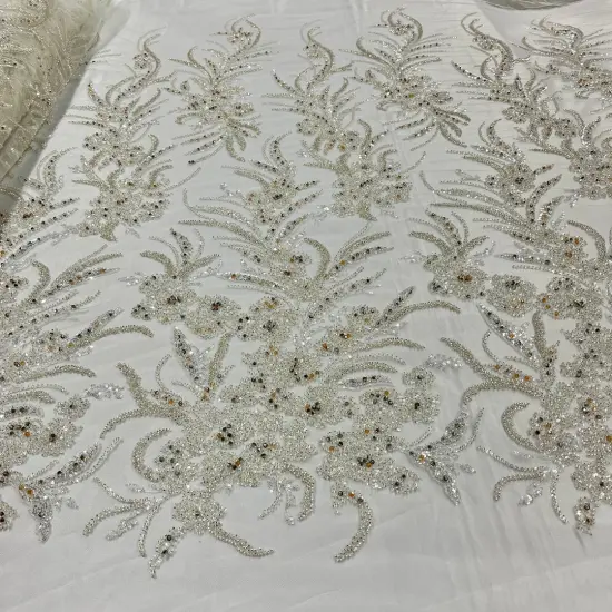 1 Yard Light Blue Beaded Lace Embroidered Fabric, 100% Polyester Net Mesh, 50&rdquo; Wide Champagne {5}