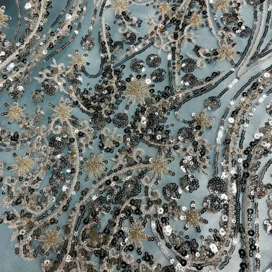 1 Yard Beaded Lace Fabric on 100% Polyester Net Mesh, Embroidered Lace Fabric, 54" Wide, Elegant Textile for Dressmaking & Crafts Silver {6}