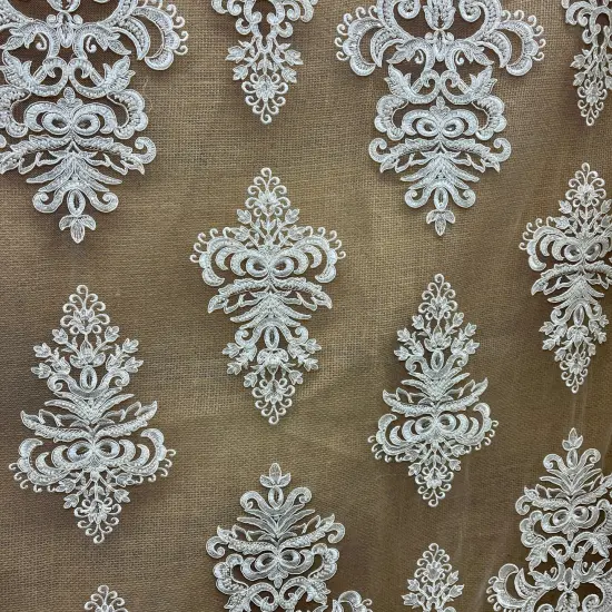 1 Yard Beaded & Corded Embroidered Bridal Lace Fabric, 52&rdquo; Wide Polyester Mesh Net Dark Ivory {6}