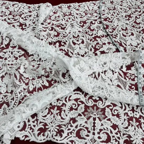 1 Yard Beaded Corded Bridal Lace Fabric on 100% Polyester Net Mesh, 53" Wide, Elegant Embroidered Design White {1}