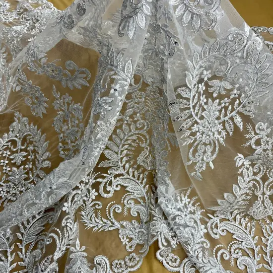 1 Yard Gold Beaded & Corded Bridal Lace Fabric, Embroidered on 100% Polyester Mesh, 52&rdquo; Width Silver {7}