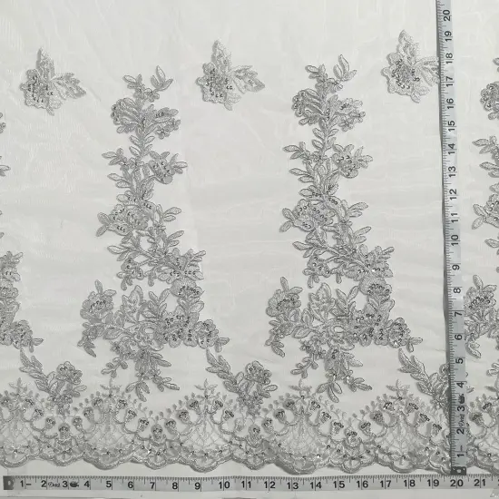 1 Yard Elegant Beaded and Corded Bridal Lace Fabric Embroidered on 100% Polyester Net Mesh 52 inch Width Silver {1}