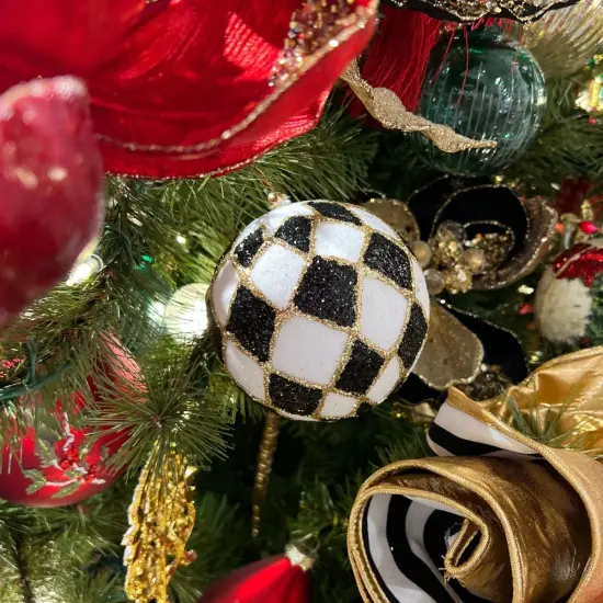 4" Harlequin Glitter Ball Ornaments: Black/Gold {3}