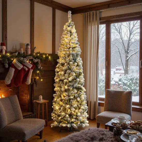 Costway 4.5/6/7.5 Ft Pre-lit Snow Flocked Artificial Pencil Christmas Pine Tree with 150/250/350 LED Lights {4}