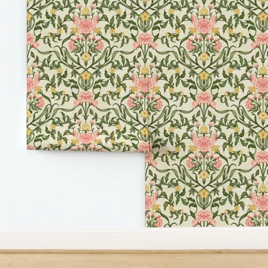 Peel & Stick Wallpaper 2FT Wide Floral Pink Green Botanical Hand Drawn Flowers Traditional Damask Cottagecore Farmhouse Custom Removable Wallpaper by Spoonflower {2}