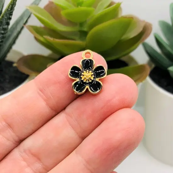 Black and Gold Flower Charms, 16x13mm {2}