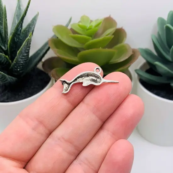 Silver Narwhal Charms, 28x13mm {3}