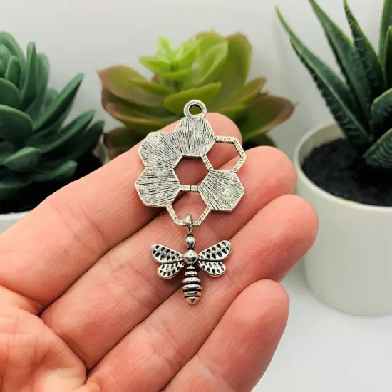 Silver Honeycomb Charms with Hanging Bee, 47x24mm {3}
