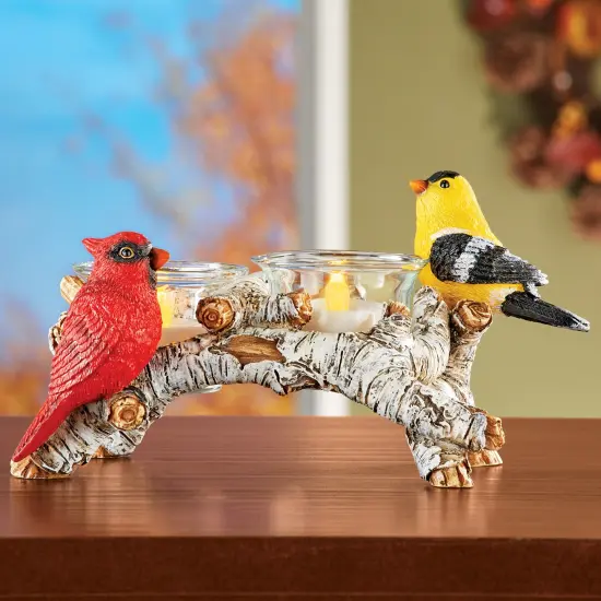Collections Etc Colorful Birds on Branch Tealight Candle Holder with 2 Glass Votives {1}
