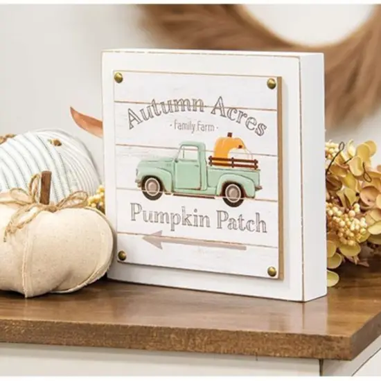 Autumn Rustic Wooden Box Sign with Vintage Blue Truck and Pumpkin Art for Fall Home Decor {2}