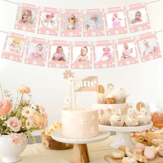 Daisy 1st Birthday Photo Banner for Girls, Pink Groovy 1-12 Monthly Photo Banner, Daisy Boho Hippie Baby Girl First Bday Party Supplies {2}