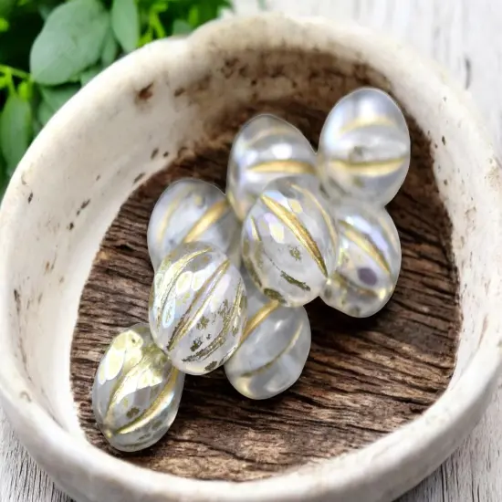 *12* 10mm Gold Washed Crystal Opaline AB Faceted Round Melon Beads {2}