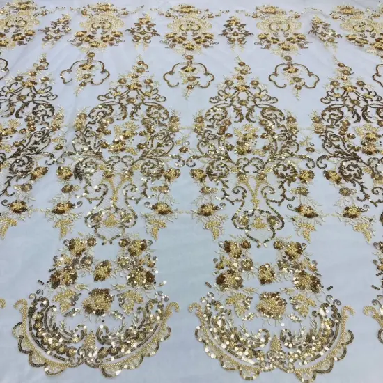 1 Yard Beaded Lace Fabric Embroidered on 100% Polyester Net Mesh Lace, 52" Wide, Premium USA Quality Gold {1}
