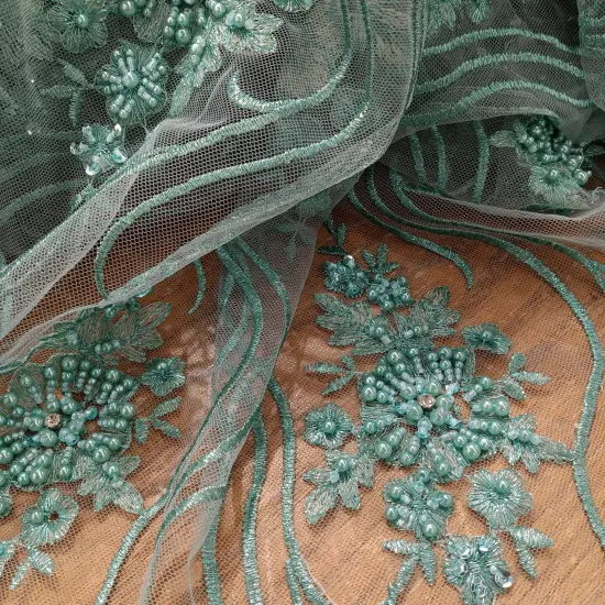 1 Yard Elegant Beaded Lace Fabric Embroidered on 100% Polyester Net Mesh 51 inch Width Jade {2}