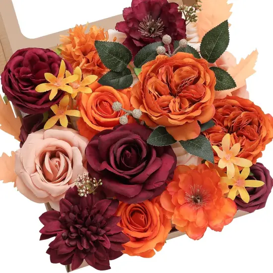 Artificial Fall Flowers, Orange Burgundy Cake Flower Silk Fake Floral {1}