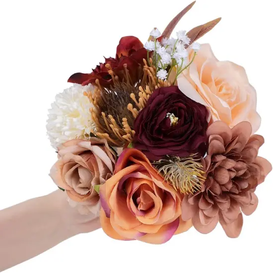 Wedding Bouquets for Bridesmaids Bride Burnt Orange Artificial Dahlia Handmade Silk Rose Bouquet Holding Flowers for DIY Arrangement {2}